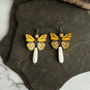 Hand Painted Monarch Butterflies And Shell Earrings